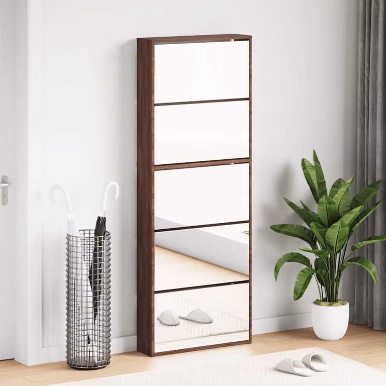 Scarpiera con specchio vidaXL in rovere marrone con scomparti basculanti L: 63 cm, P: 17 cm, H: 169,5 cm