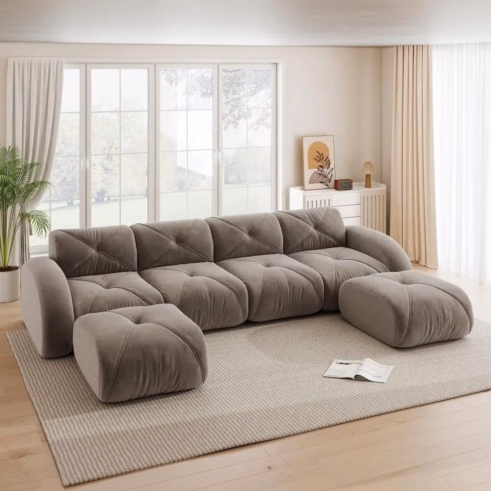 Divano modulare a forma di U - Divano per soggiorno - 4 posti - 2 poggiapiedi - Tessuto in chenille - Stile moderno - Assemblaggio richiesto - Colore tortora