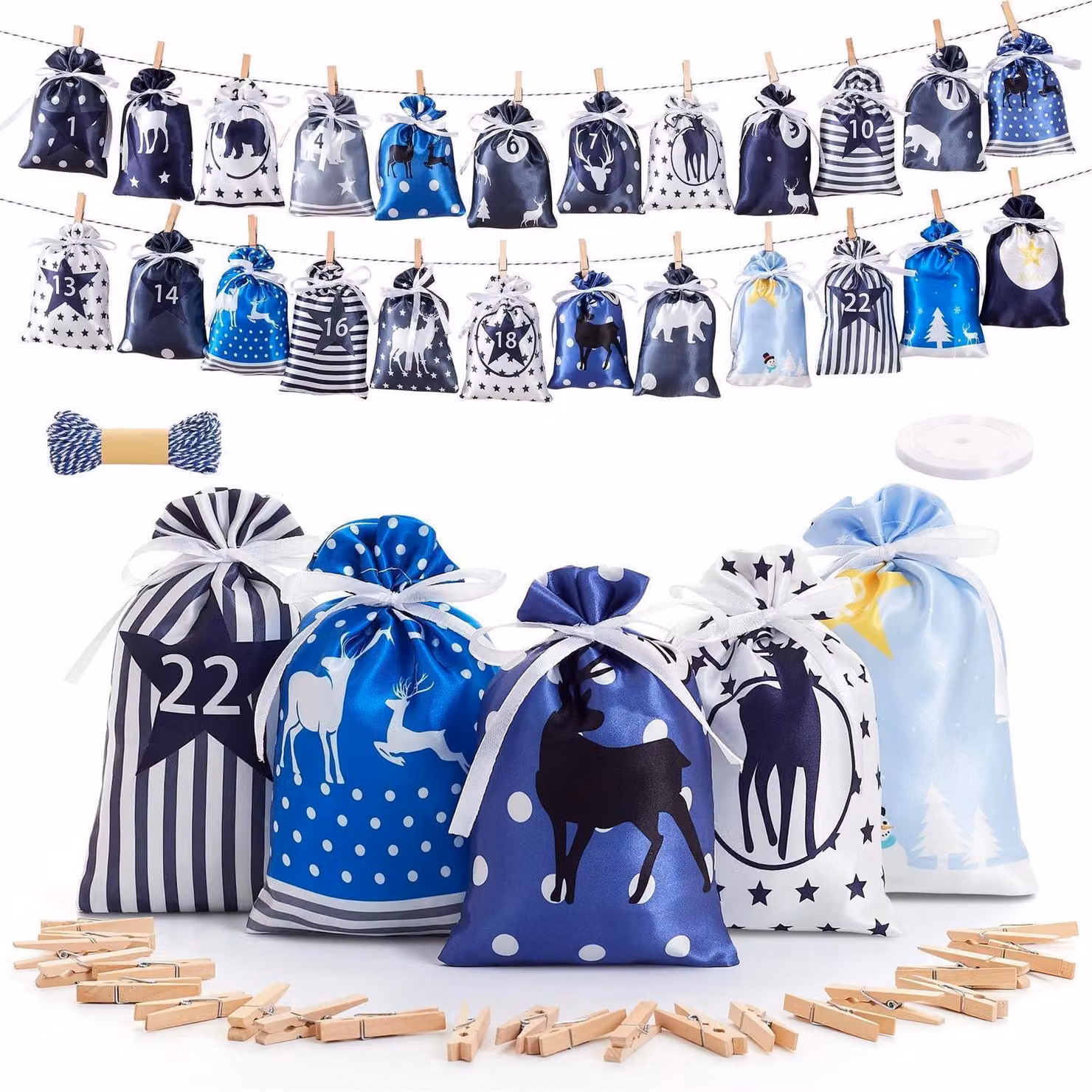 Calendario dell'Avvento da riempire, con 24 sacchetti di tessuto, colore blu-grigio. Calendario natalizio per bambini e adulti