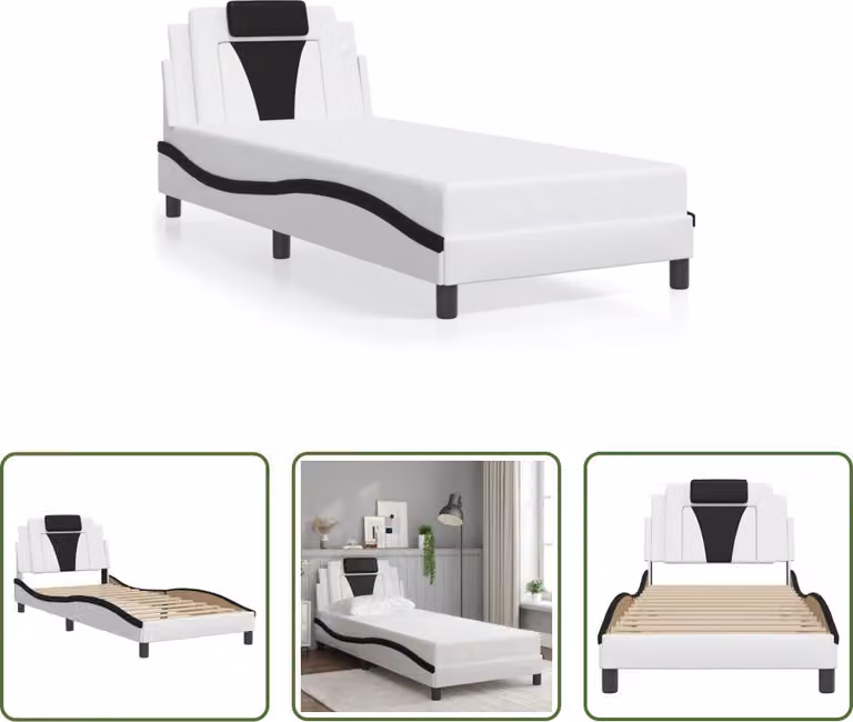 The Living Store Struttura letto con testiera bianca e nera 90x190 cm in ecopelle