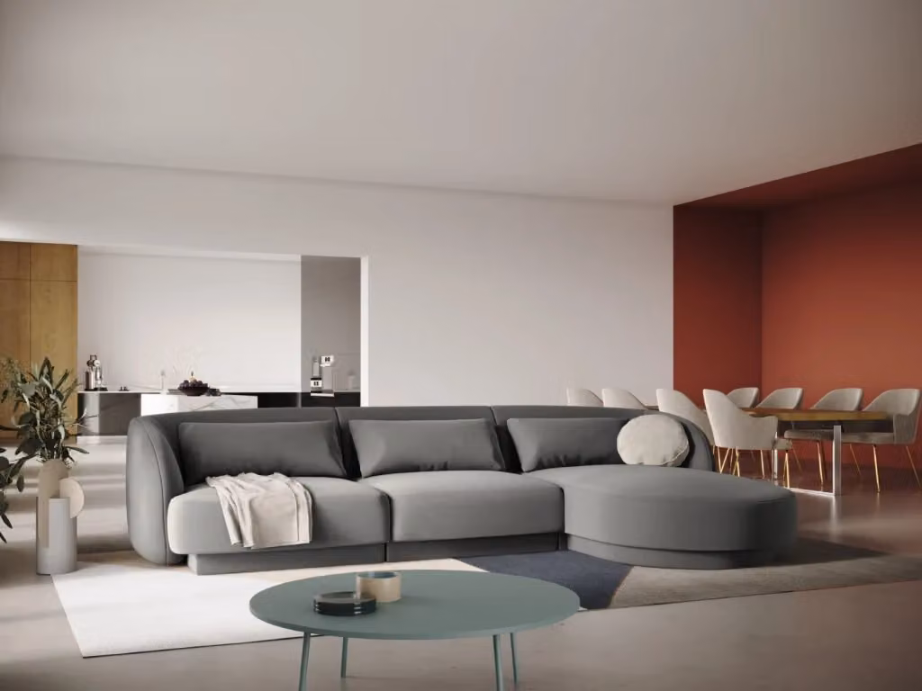 Divano angolare destro Tulum di Cosmopolitan Design in velluto grigio chiaro, 4 posti, L 255 cm x P 70 cm x H 99 cm – 2