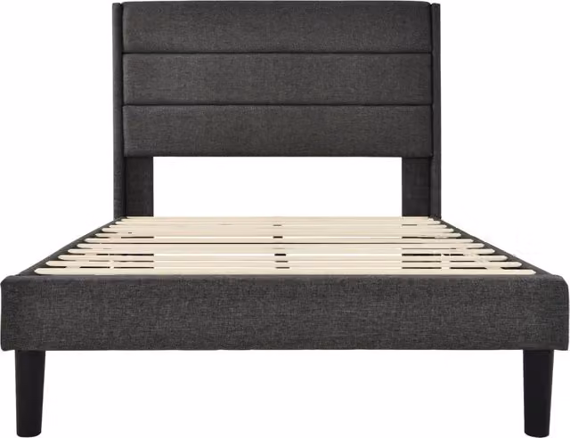 Letto imbottito 90x200 cm con rete a doghe e testiera in tessuto lino grigio
