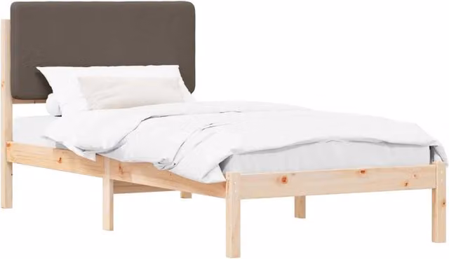 Letto singolo per adulti in pino massello con testiera rivestita in tessuto beige o grigio L 100 x P 200 cm