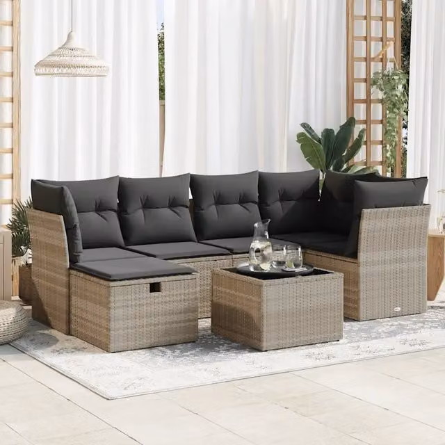 Set Divani da Giardino 7pz con Cuscini Grigio Chiaro Polyrattan 3325298