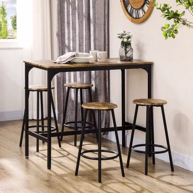 Set da bar OKWISH composto da tavolo rettangolare e 4 sgabelli in stile industriale con struttura in metallo e top in MDF marrone e nero