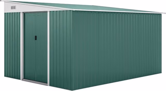Casetta da giardino Outsunny in acciaio con porta scorrevole e tetto inclinato, capanno per attrezzi verde, L: 345 cm, P: 280.5 cm, H: 169-201 cm