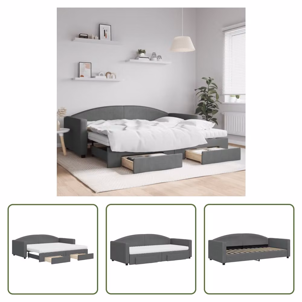 The Living Store Letto da giorno allungabile con cassetti grigio scuro 90x200 cm in tessuto
