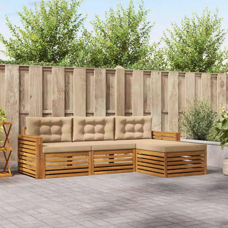 Set di divani da esterno vidaXL a forma di L in legno di acacia con cuscini beige e pouf per giardino e terrazza