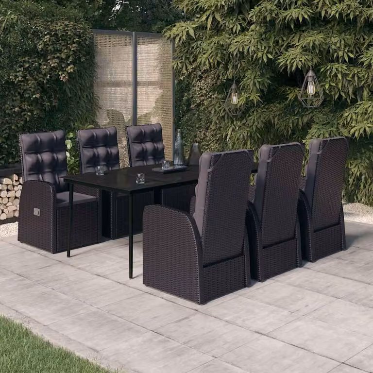 Set da pranzo da giardino vidaXL in polyrattan nero con 7 pezzi e cuscini