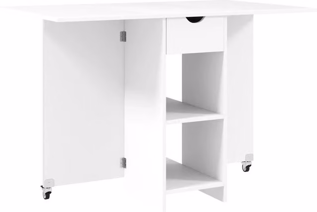 Tavolo da Pranzo Pieghevole Bianco con Ripiani Aperti e Cassetto, 114,5 x 70 x 75 cm