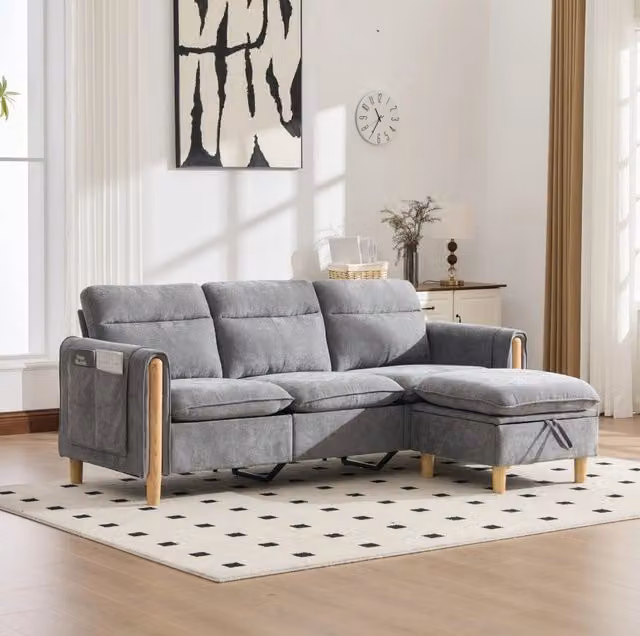 Divano angolare 3 posti 201x110x86 cm grigio chiaro, contenitore, ciniglia, gambe in legno