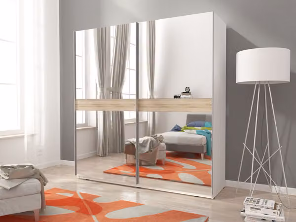 Armadio ad ante scorrevoli Armadio per camera da letto Specchio bianco rovere sonoma 150x63x214cm