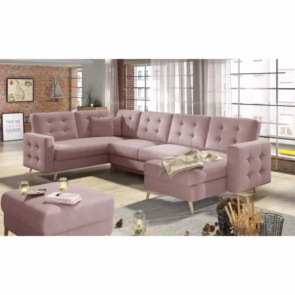 Divano ad angolo panoramico reversibile con contenitore e funzione letto Meublorama U Hasgard rosa in ciniglia, L: 326 cm – 2
