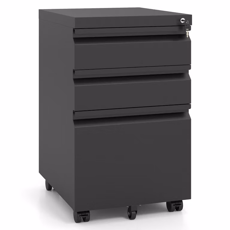 Cassettiera da ufficio Costway in acciaio con 3 cassetti, ruote e serratura, mobiletto porta documenti e stampante nero opaco