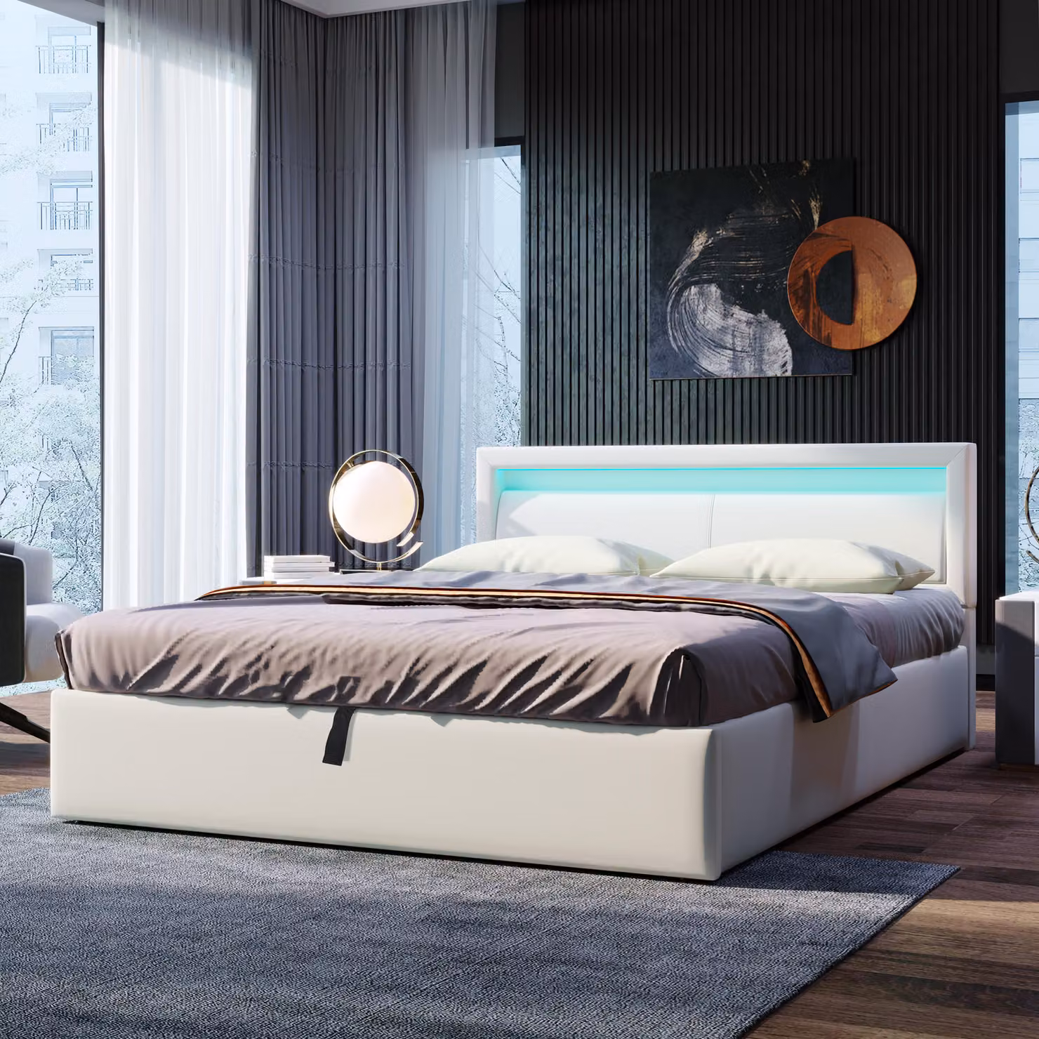 Letto imbottito 140x200 cm con illuminazione a LED, spazio contenitivo e rete a doghe, testiera da 80 cm, rivestito in ecopelle, colore bianco