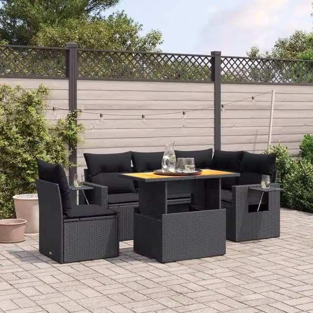 Set Divano da Giardino 6 pz con Cuscini Nero in Polyrattan 3271755
