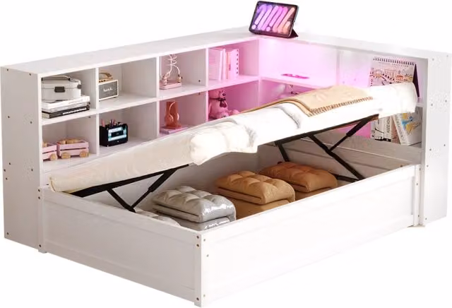 Letto divano singolo bianco con vano contenitore, presa USB e illuminazione LED, L/P/H: 90 x 200 x 82 cm