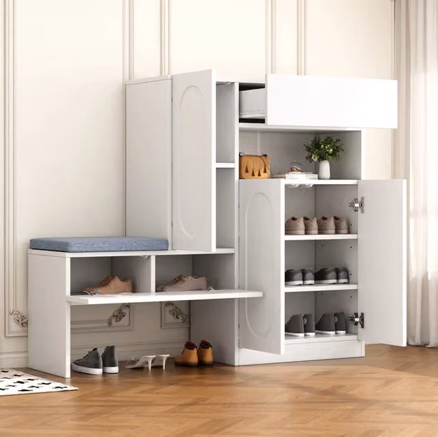 Mobile portascarpe 2 in 1 con panca; ante a ribalta soft-close; ripiani regolabili; bianco 130x35x110 cm