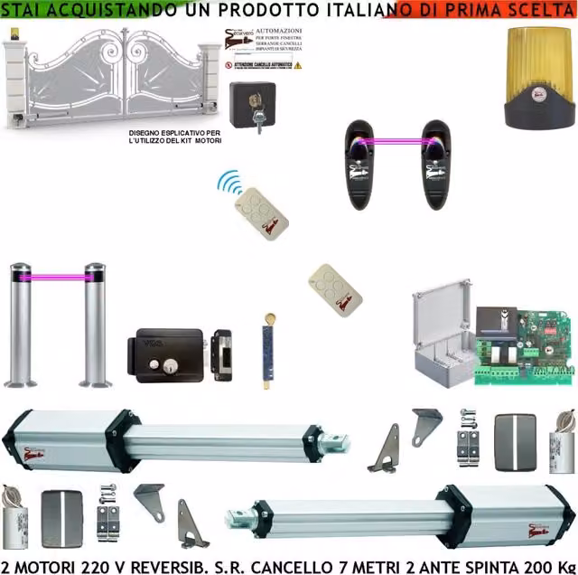 Kit Automatismo Cancello da 7 Metri 2 Ante da 3,5 Metri Motori Elettromeccanici 230 V Reversibili Spinta 250 Kg Centrale 2 Coppie Fotocellule 2 Radiocomandi Faro Elettroserratura Paletto Selettore