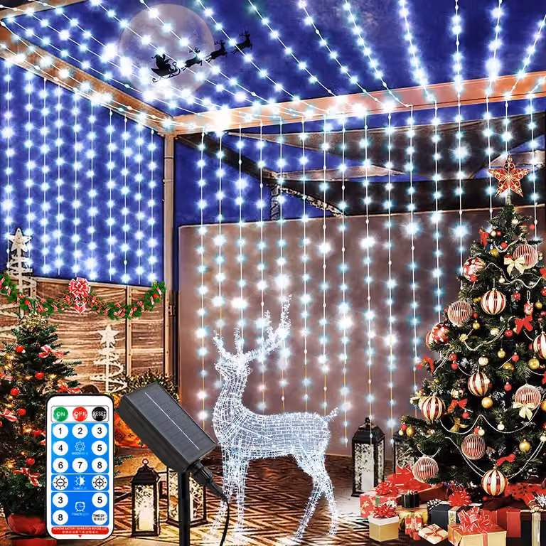 Tenda luminosa solare, dimensioni 3x3 metri, 300 LED, luce bianca fredda, impermeabile, con telecomando