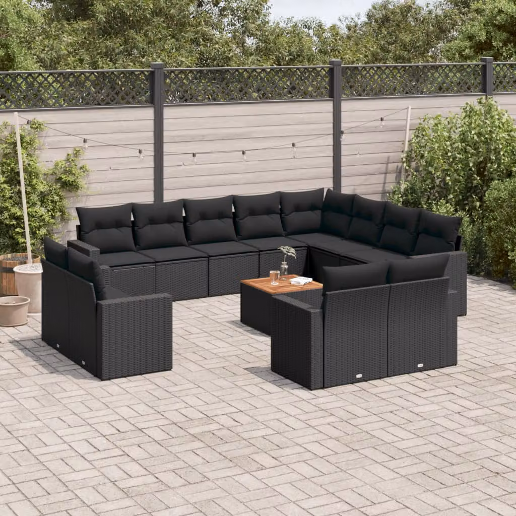 Set di divani da giardino vidaXL in polyrattan nero con cuscini, tavolino e sedute a forma di U per esterno – 1