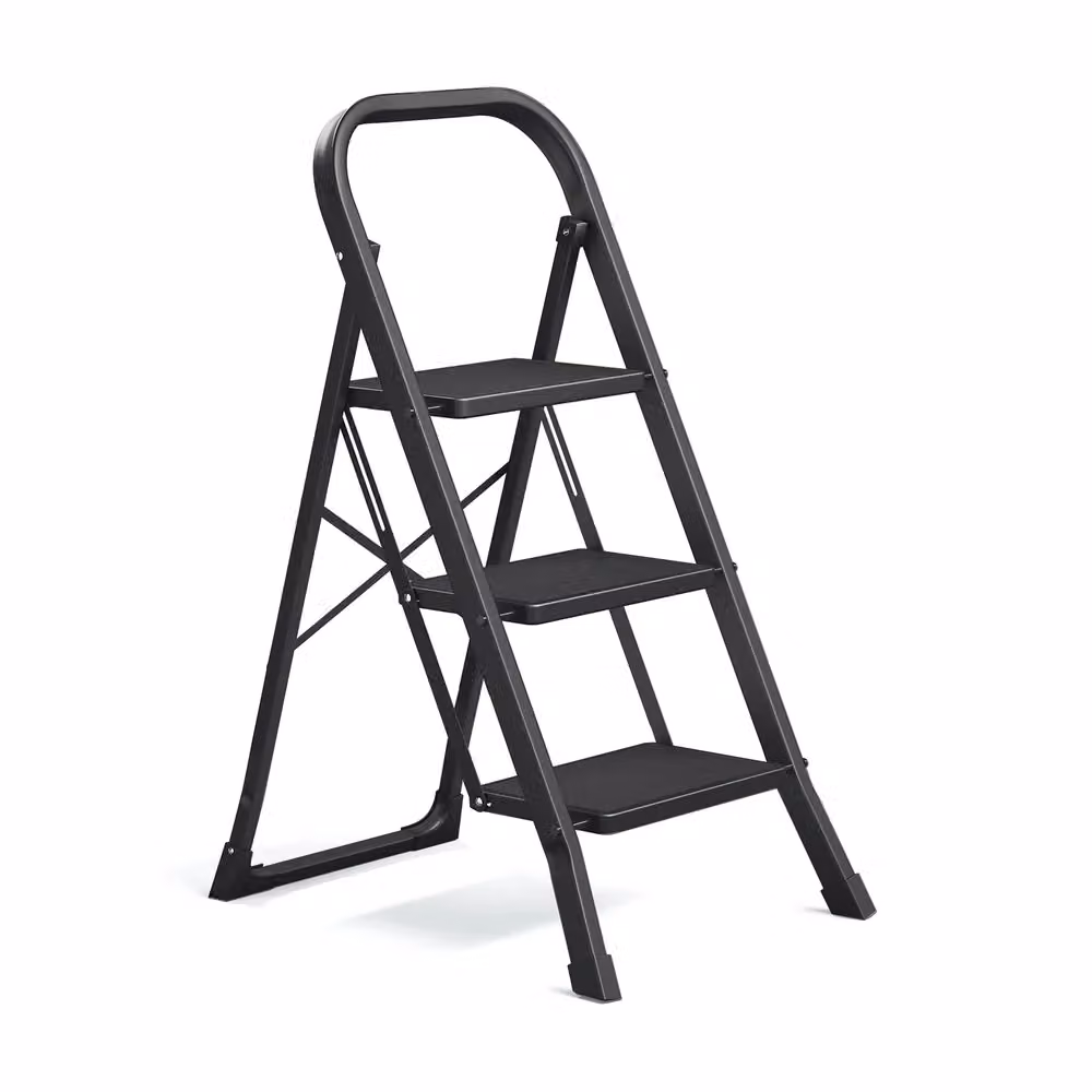 Scaletta Pieghevole Chiusura di Sicurezza per Piegamento, Nero / 3 Gradini（46,5 x 74,5 x 105 cm）