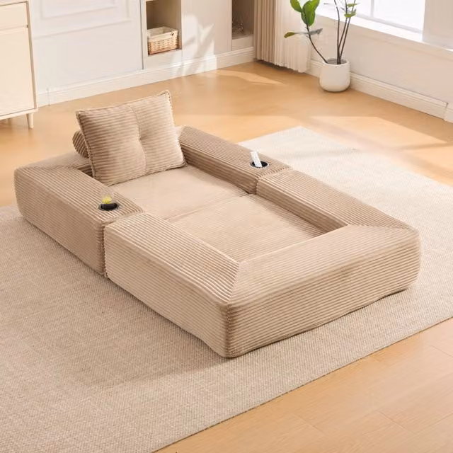Divano letto in velluto a coste con cuscini in memory foam, tasche laterali e portabicchieri, kaki 122 × 98 × 80 cm