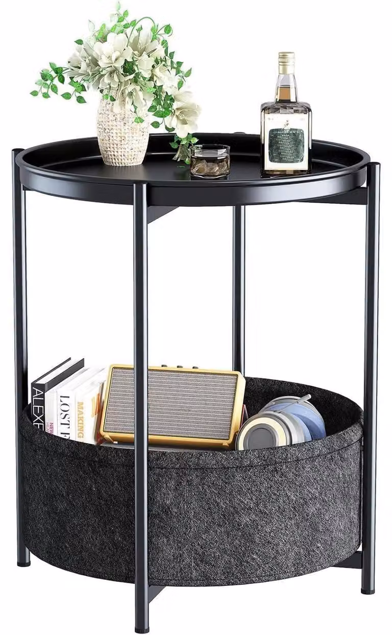 Tavolino laterale rotondo in metallo, con 2 ripiani e cesto, colore nero, dimensioni 44,5 x 52 cm