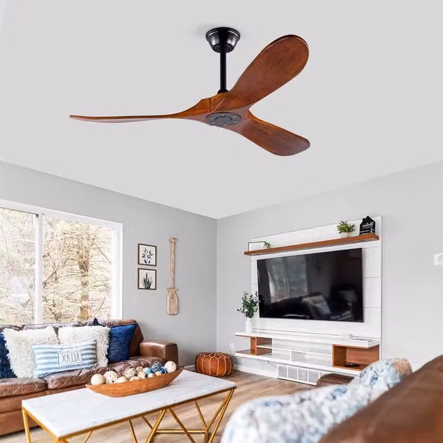 Ventilatore a soffitto Minimal con 3 ali in legno finitura noce e telecomando, ideale per interno ed esterno, colore marrone e nero – 1