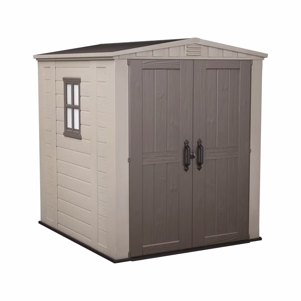 Casetta da giardino Weyburn DMORA, capanno da esterno e ripostiglio per attrezzi in plastica con doppia porta e finestra, Beige, L: 178 cm, P: 195,5 cm, H: 208 cm – 2