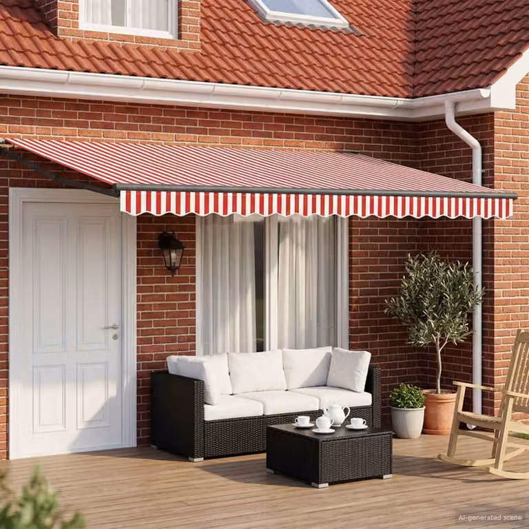 Tettuccio elettrico retrattile vidaXL con bracci pieghevoli in alluminio e copertura in poliestere, colori rosso, bianco e antracite, L: 5 m x P: 3 m