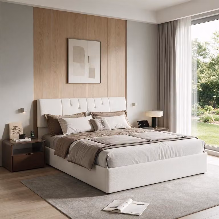 INONEFT Letto imbottito idraulico 140x190 cm con prese USB, letto per giovani con poggiatesta regolabile, struttura del letto con rete a doghe, tessuto tipo "teddy", colore bianco