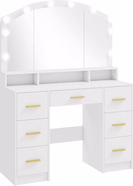 Toeletta HOMCOM in stile Hollywood con specchio e 10 lampade LED, 7 cassetti e 3 scomparti, colore bianco e oro, in MDF laccato lucido
