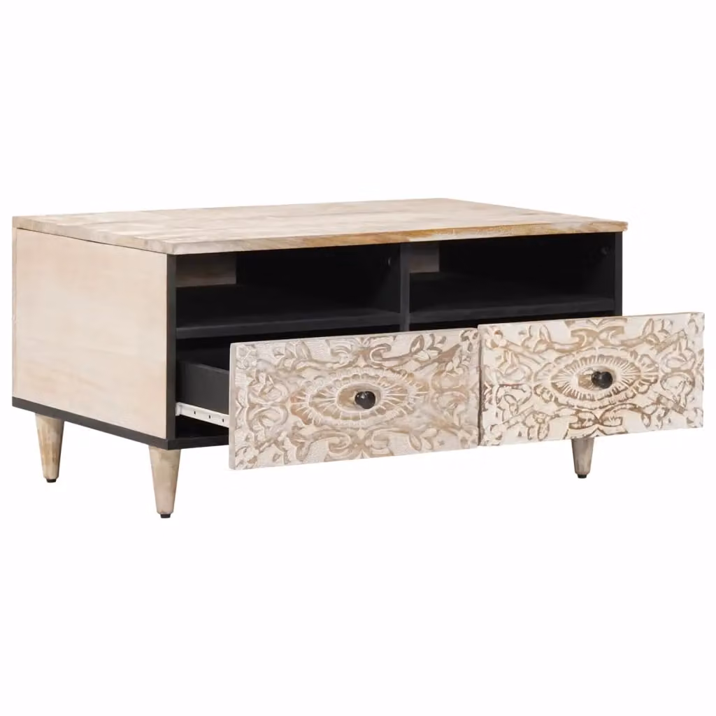 Tavolino da salotto moderno vidaXL in legno di mango e metallo, rettangolare, Bianco e Nero, L: 80 cm, P: 54 cm, H: 40 cm – 2