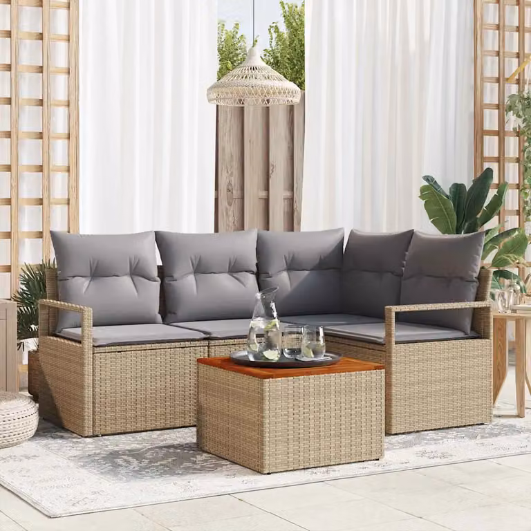 Set Divano da Giardino vidaXL 5 Pezzi a Forma di L Beige con Cuscini e Tavolino in Polyrattan e Acciaio