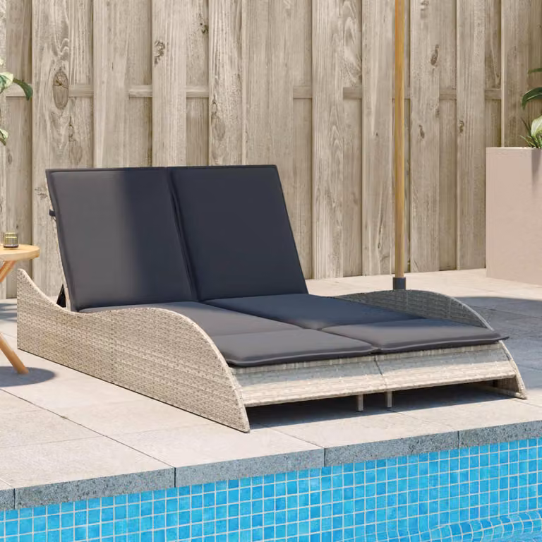 vidaXL Lettino da giardino in polyrattan con cuscini grigi e poggiatesta regolabile L: 114 cm, P: 205 cm, H: 73 cm