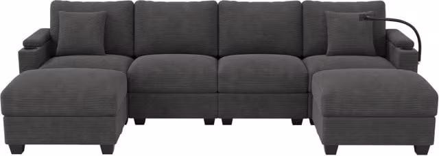 Divano angolare modulare in velluto a coste con funzione letto, 5-6 posti, con portatelefono girevole e porte USB, grigio, 275.5x139x87 cm