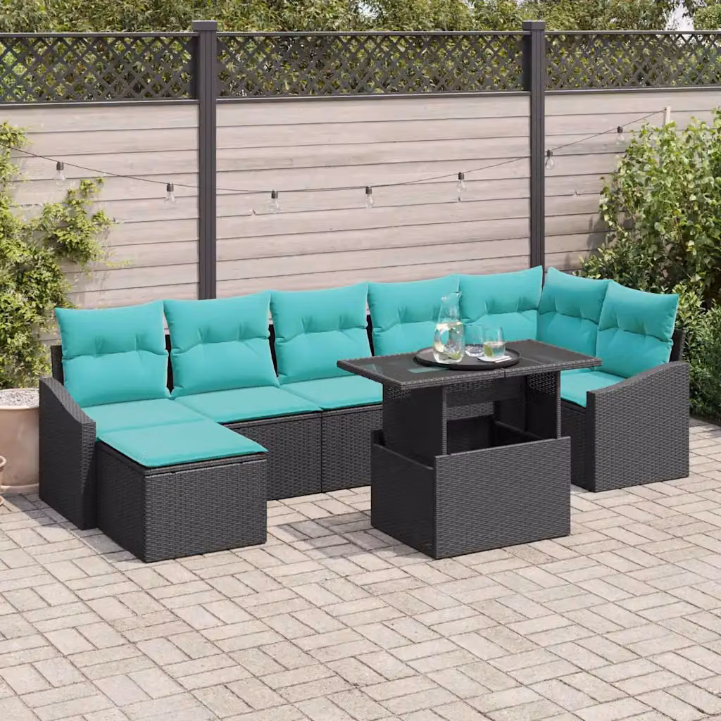 Set Divano da Giardino vidaXL 8 pz a forma di U in Polyrattan Nero e Blu con Cuscini e Tavolino da Caffè