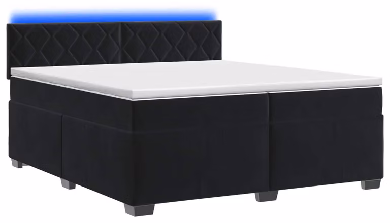 Letto con boxspring, materasso e illuminazione LED, colore nero, dimensioni 200 x 200 cm, rivestito in velluto