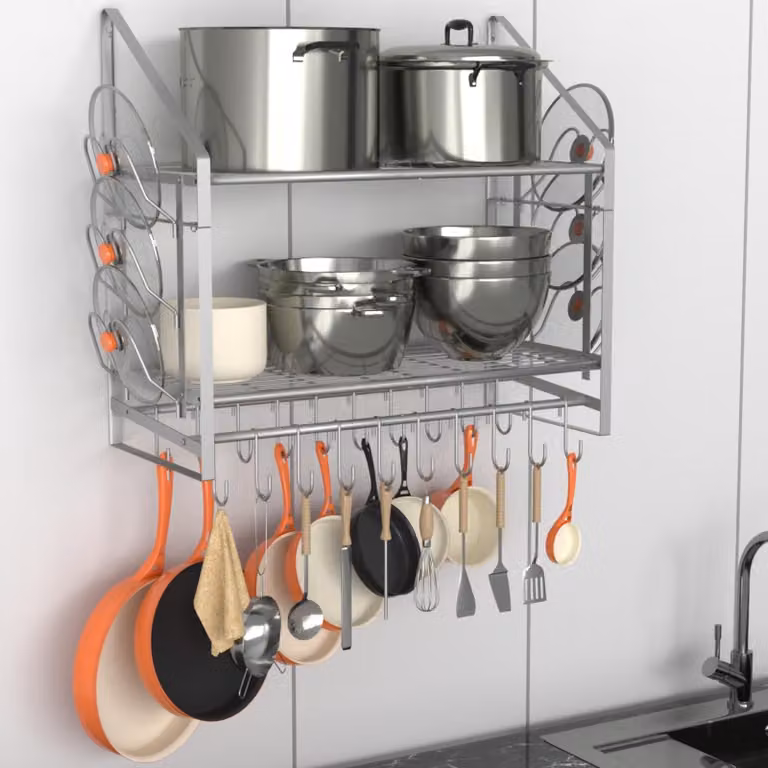Omgoods - Portaoggetti da parete con 2 ripiani e 20 ganci per l'organizzazione della cucina