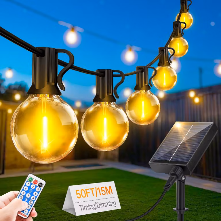 Catena luminosa a LED solare, 15 metri, 20 lampadine a luce calda, dimmerabile, impermeabile