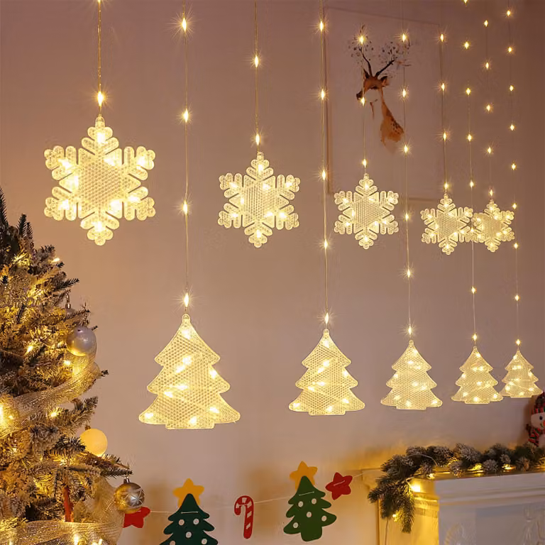 Illuminazione natalizia per finestre, dimensioni 2x1 metro, 160 LED, decorazione a forma di fiocchi di neve, luce bianco caldo