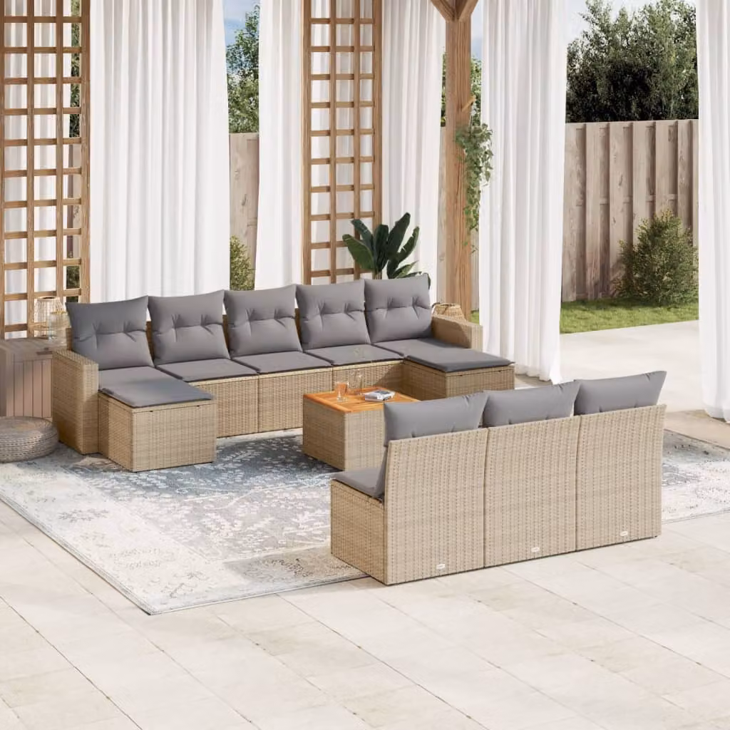 Set di divani da giardino vidaXL 11 pz in polyrattan con cuscini beige e grigi a forma di U per esterno – 1