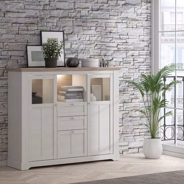 Credenza Forma 3 Ante con Vetro Temperato e Luci LED Rovere Bianco Neve e Olmo Scuro – Design Luminoso