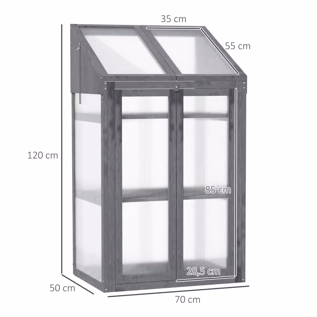 Mini serra da giardino WISHDOR grigia con 3 ripiani, struttura in legno e pannelli in plastica, L 70 cm x P 50 cm x H 120 cm – 2