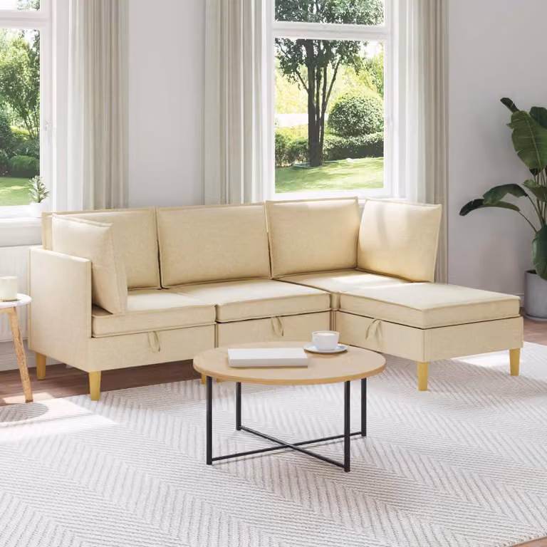 Set di divani modulari vidaXL a L in tessuto beige con spazio di archiviazione, 4 pezzi