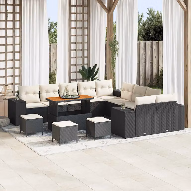 Set Divano da Giardino vidaXL 14 Pezzi a Forma di U con Cuscini Nero e Beige in Polyrattan e Acciaio