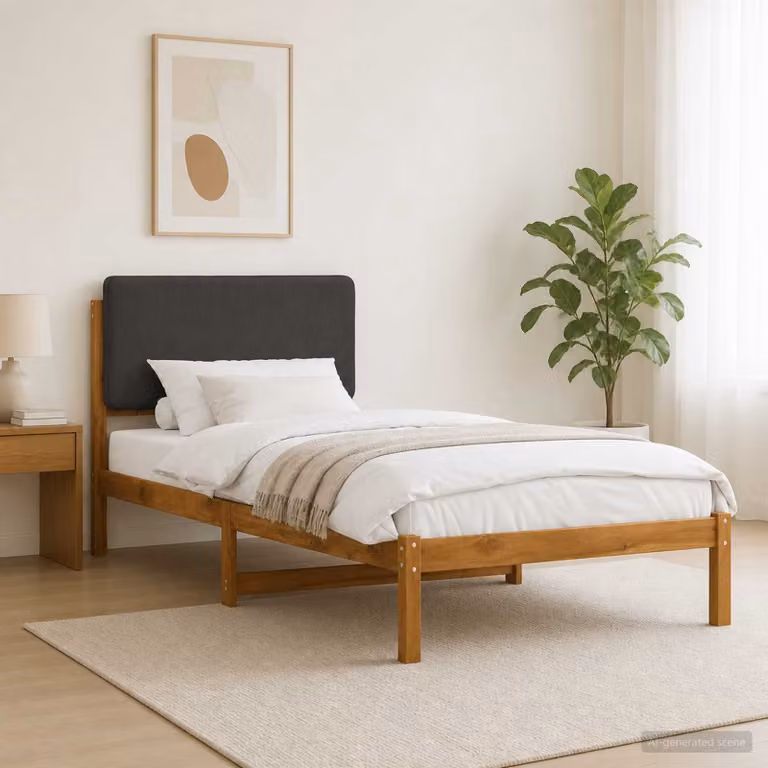 Letto con Testiera Rivestita vidaXL in Legno di Acacia e Tessuto, L/P/H: 90 x 190 x 96 cm
