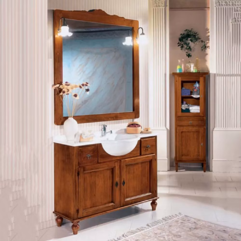 Mobile bagno Mobili 2G in legno con lavabo in pietra, specchio e armadietto, L/P/H: 108 x 50 x 79 cm, bianco e marrone – 2