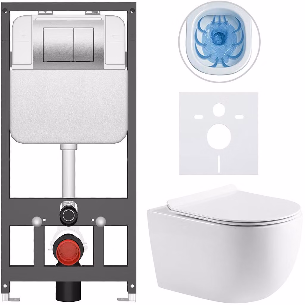 CERANO - Set WC da incasso Felci - bianco lucido - pulsante Prime/Maxio, argento - sospeso - installazione pre-parete/cartongesso - 53x37 cm